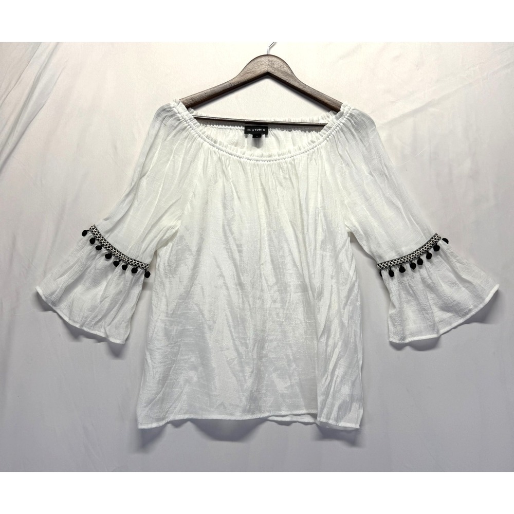 I.N. Studio Blouse Top Women's Medium White Lightweight Pom Pom Trim Bell Sleeve